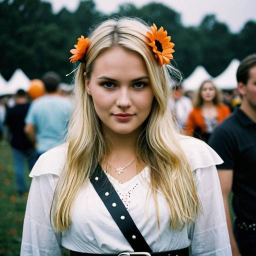 Blonde Woman with Orange Flowers in Hair at Outdoor Festival