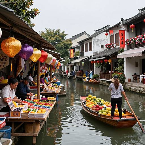 Photograph of vibrant floating market with colorful lanterns, vendors selling fruits in boats, customers browsing, traditional Chinese buildings, and red lanterns in the