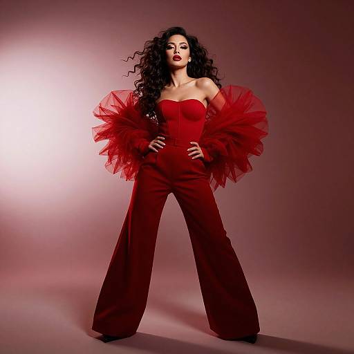 Photograph of a confident woman with long curly black hair, wearing a strapless red gown with a voluminous tutu-like skirt, standing against a
