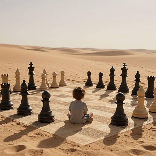 Child Among Giant Chess Pieces in Desert