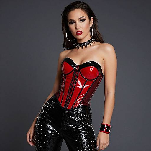 Photograph of a confident woman with long dark hair, wearing a red vinyl corset, black studded pants, red bracelet, and choker,