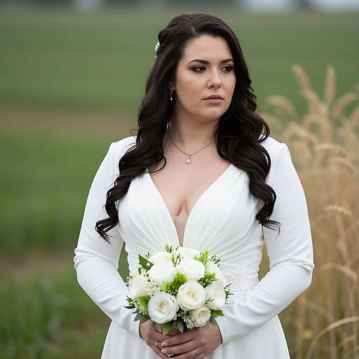 Photograph of a fair-skinned, dark-haired bride in a deep V-neck white dress, holding a white and green flower bouquet, standing in a