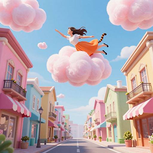 Digital illustration: A girl with long black hair, white top, and orange skirt, jumps joyfully between pink clouds over a colorful, sunny street with