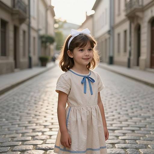 Curious Girl on Quiet Cobblestone Street