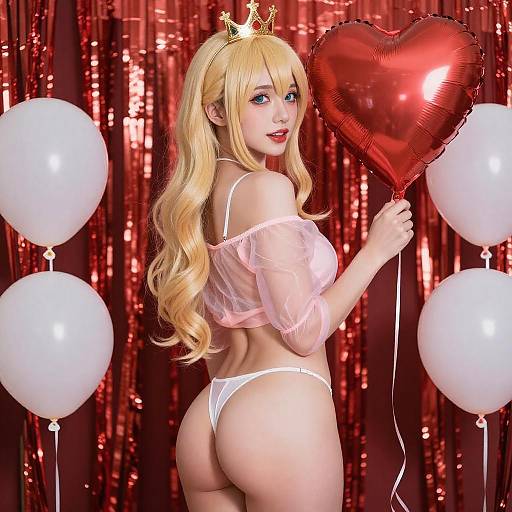 Playful Blonde Cosplayer with Heart Balloon