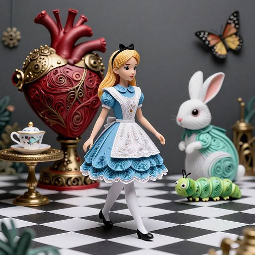 Photograph of a detailed LEGO Alice in Wonderland scene: blonde Alice in blue dress, white apron, black bow, black shoes, with heart,