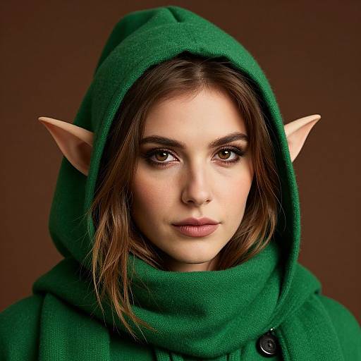 Photograph of a young woman with fair skin, dark brown eyes, and pointed elf ears, wearing a green hooded cloak against a brown background.