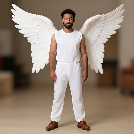 Photograph of a bearded man with dark skin, wearing a white sleeveless shirt and pants, brown shoes, and large white angel wings standing confidently