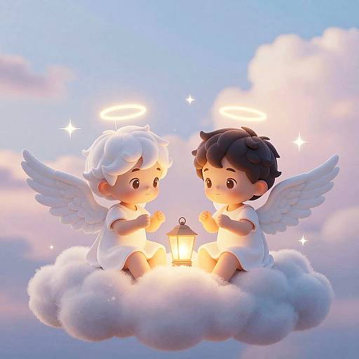 Digital illustration of two cherubic children with white and black hair, white angel wings, and halos, sitting on a fluffy cloud, glowing lantern between