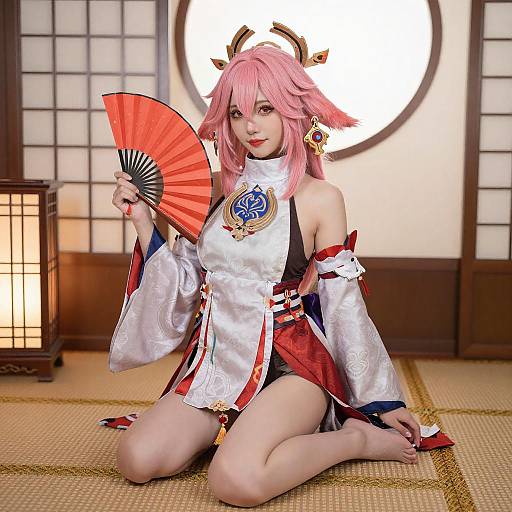 Asian Woman in Cosplay on Tatami Mat