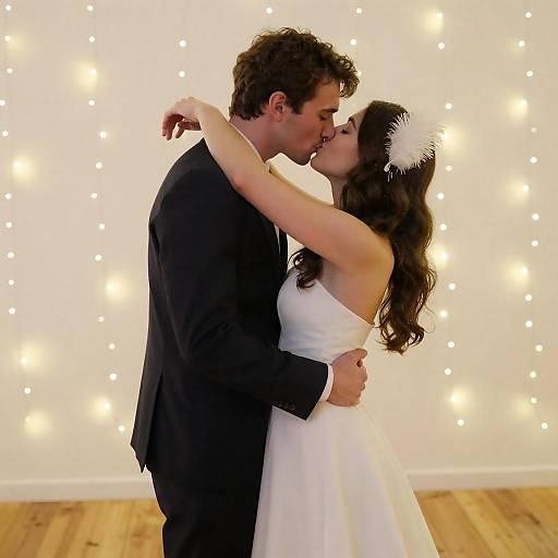 Passionate Kiss Under Glowing String Lights