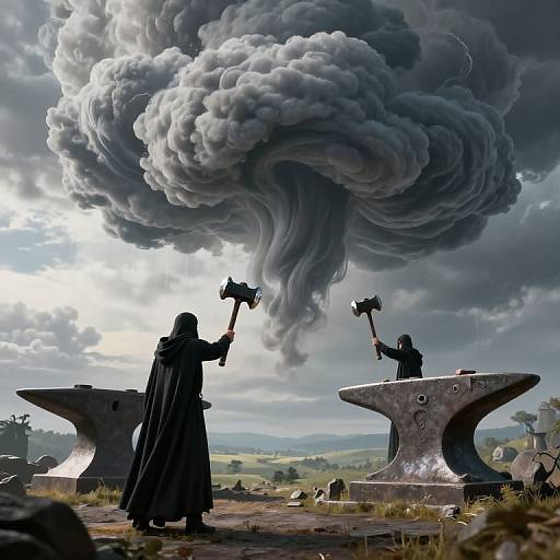 Digital artwork: Silhouetted black-robed figures wielding hammers stand before anvils, facing massive, swirling gray cloud in a stormy,