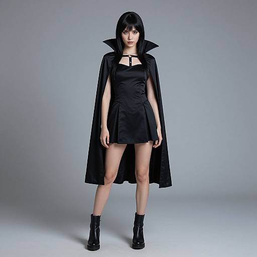 Photograph of a young woman with straight black hair, wearing a black dress, cape with high collar, and black ankle boots, standing against a plain