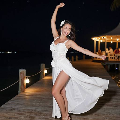 Photograph of a smiling woman in a flowing white dress, dancing on a wooden dock at night, illuminated by string lights.