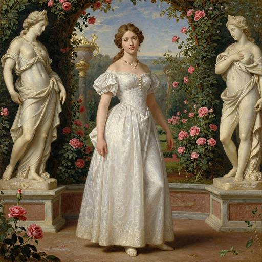 Photorealistic painting of a fair-skinned, brown-haired woman in an off-shoulder, white, ornate gown, flanked by classical