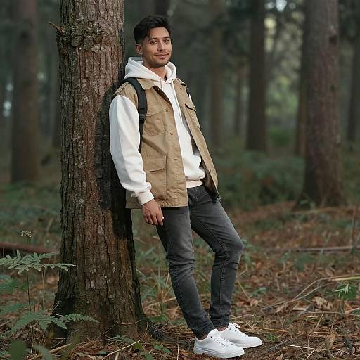 Photograph of a young man with short black hair, light skin, and a trimmed beard, leaning against a tree in a forest. He wears a