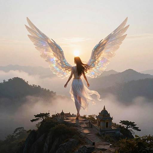 Digital art: Silhouetted angel with glowing wings stands on a mountain peak at sunrise, wearing a flowing white dress, amidst misty hills and