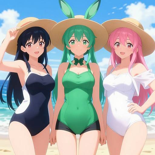 Anime-style digital illustration of three cute girls in swimsuits on a sunny beach, each wearing a wide-brimmed hat, with blue sky and ocean