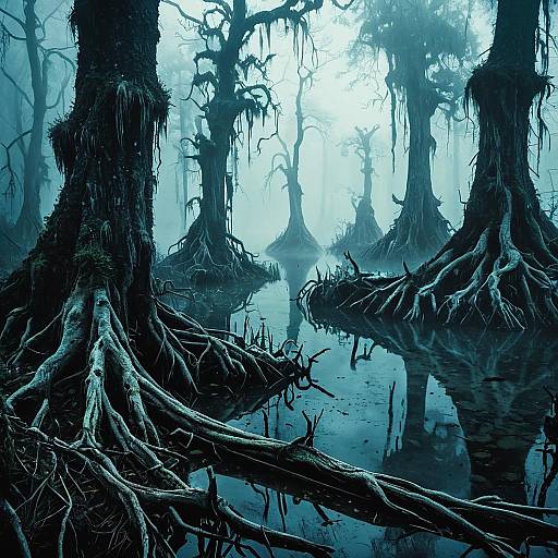 Foggy Ancient Swamp with Gnarled Tree Roots
