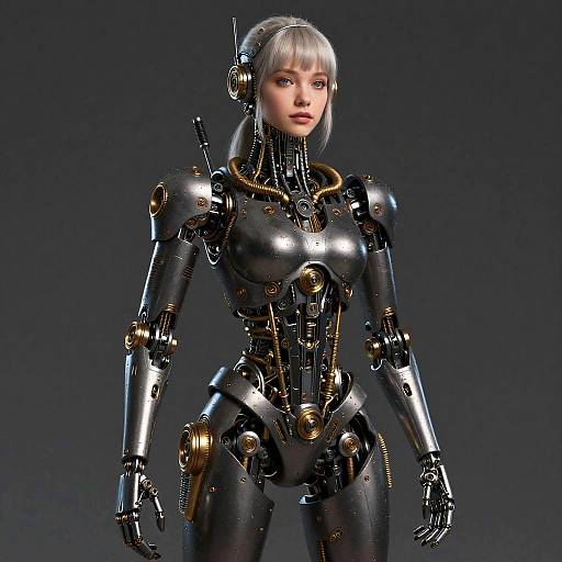CGI image of a silver-haired, blue-eyed cybernetic woman with a sleek, black and gold robotic bodysuit, standing against a dark
