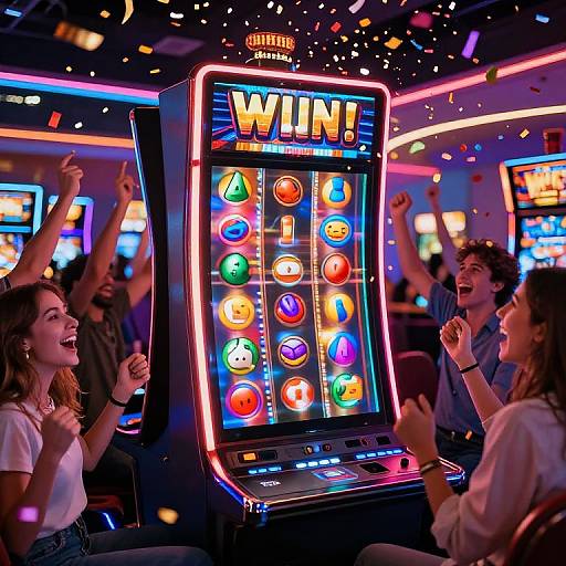Photograph of a lively casino scene with three excited young adults celebrating at a brightly lit 