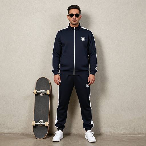 Photograph of a man with short dark hair, wearing black tracksuit, white sneakers, and sunglasses, standing against a white wall with a skateboard beside