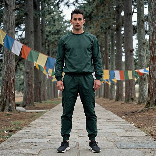 Photograph of a fit, dark-haired man in green athletic outfit standing on a forest path with colorful flag bunting in background.