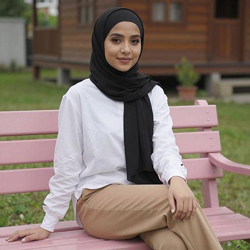 Young Woman in Hijab on Pink Bench