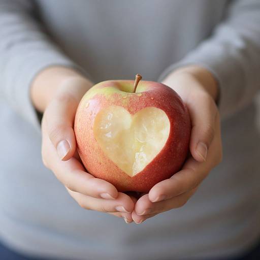 Photograph of a person's hands gently holding a red apple with a heart-shaped cutout, wearing a light gray long-sleeve shirt.