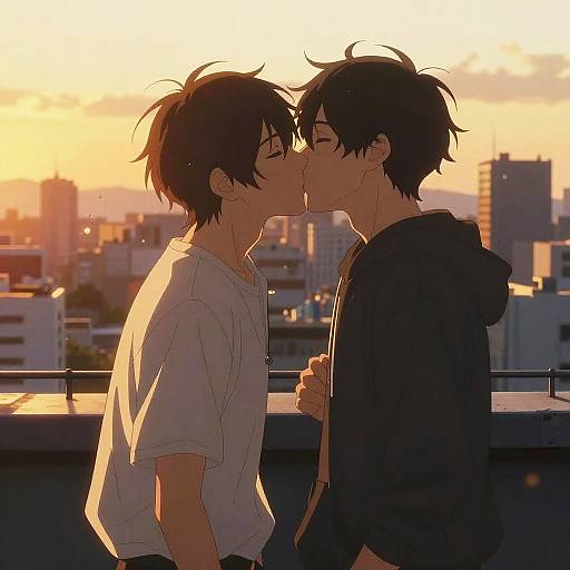 Anime-style digital drawing of two young men kissing on a rooftop at sunset, one in a white shirt, the other in a black hoodie, cityscape
