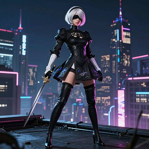 Digital CGI of 2B from NieR: Automata in a neon-lit city, wearing black dress, thigh-high boots, white bob haircut