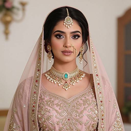 Photograph of a beautiful South Asian bride with dark hair, wearing a gold and pink embroidered saree, veil, and traditional jewelry, including a green
