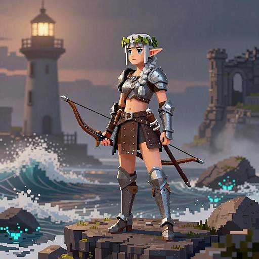 Elf Ranger at Storm-Battered Lighthouse