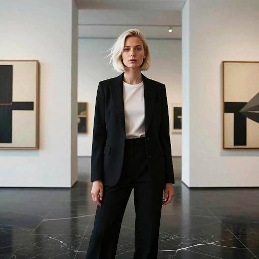 Photograph of a blonde woman in a black blazer, white shirt, and black pants, standing in a modern art gallery with abstract paintings on white