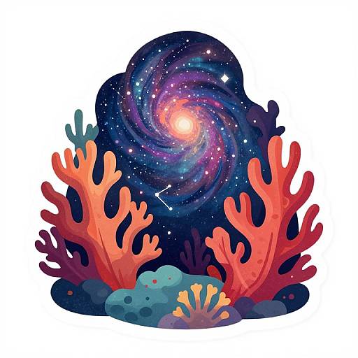 Digital illustration of vibrant coral reefs with red, orange, and blue corals, surrounded by a swirling galaxy with stars, in a white background.