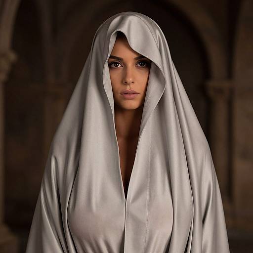 Photograph of a woman with fair skin and dark eyes, wearing a silver satin nun's habit, standing in a dimly lit, arched background