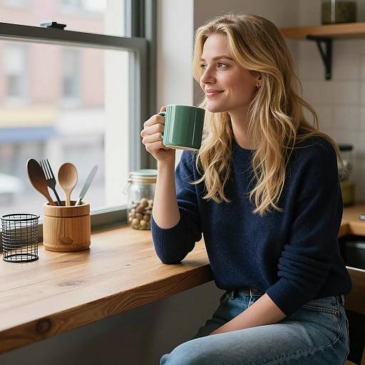 Woman Enjoying Coffee at Kitchen Counter