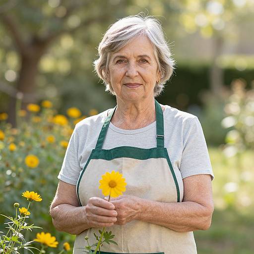 Photograph of an elderly woman with short gray hair, wearing a white shirt and green apron, holding a yellow daisy, standing in a sun