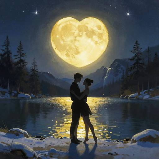 Silhouetted couple kissing under a glowing full moon, reflected in a snow-covered lake, surrounded by pine trees and mountains. Digital art.