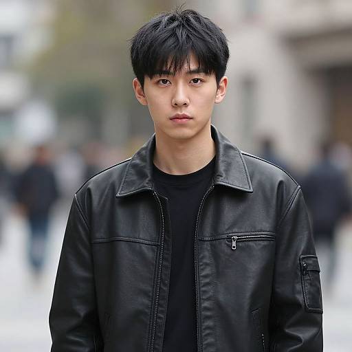 Photograph of an Asian young man with straight black hair, wearing a black leather jacket over a black shirt, standing in a blurred urban street with people