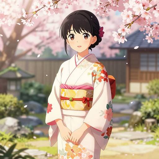 Anime Girl in Traditional Japanese Garden