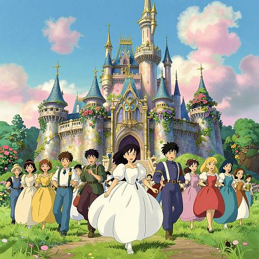 Anime-style illustration of a group of young adults in formal attire running towards a colorful, fairy-tale castle with lush gardens and a bright blue sky.