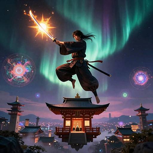 Solar Samurai Above Auroral Floating Shrine