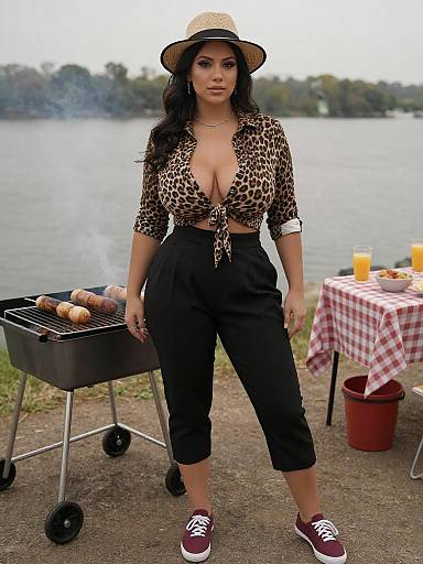 Stylish Woman at River BBQ Gathering
