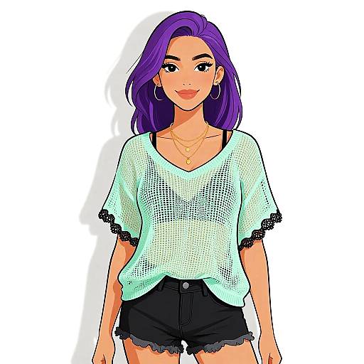Digital illustration of a smiling woman with purple hair, wearing a translucent white top with black lace, black shorts, and hoop earrings, against a white background