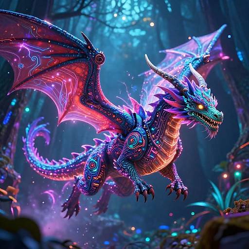 Mystical Cyber Dragon Over Neon Forest