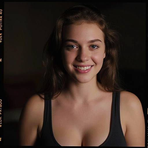 Photograph of a smiling young woman with light skin, brown hair, wearing a black tank top, against a dark background.