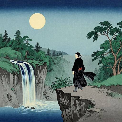 Japanese samurai in black kimono stands on cliff, gazing at moonlit waterfall, surrounded by forest and trees, digital art style.