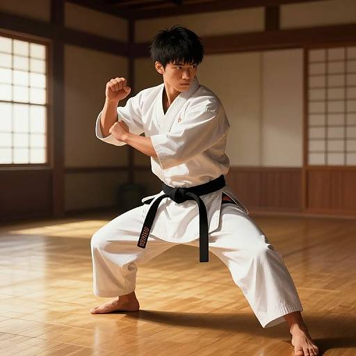 Photograph of a serious Asian male martial artist in a white gi with black belt, performing a karate stance in a sunlit traditional wooden dojo.