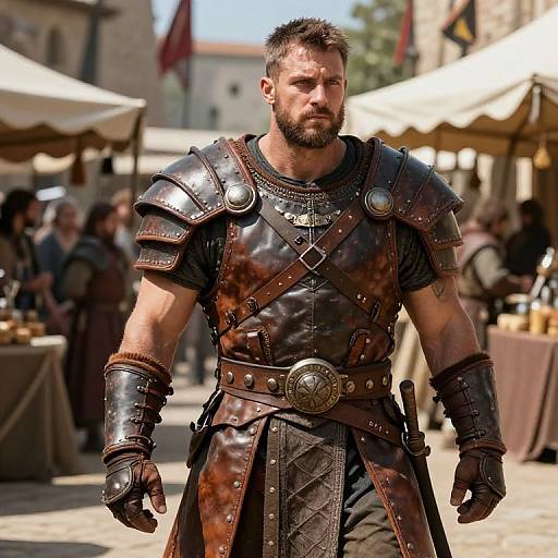 Photograph of a muscular bearded man with short dark hair, wearing medieval leather armor, brown gloves, and belt, walking through a sunlit market